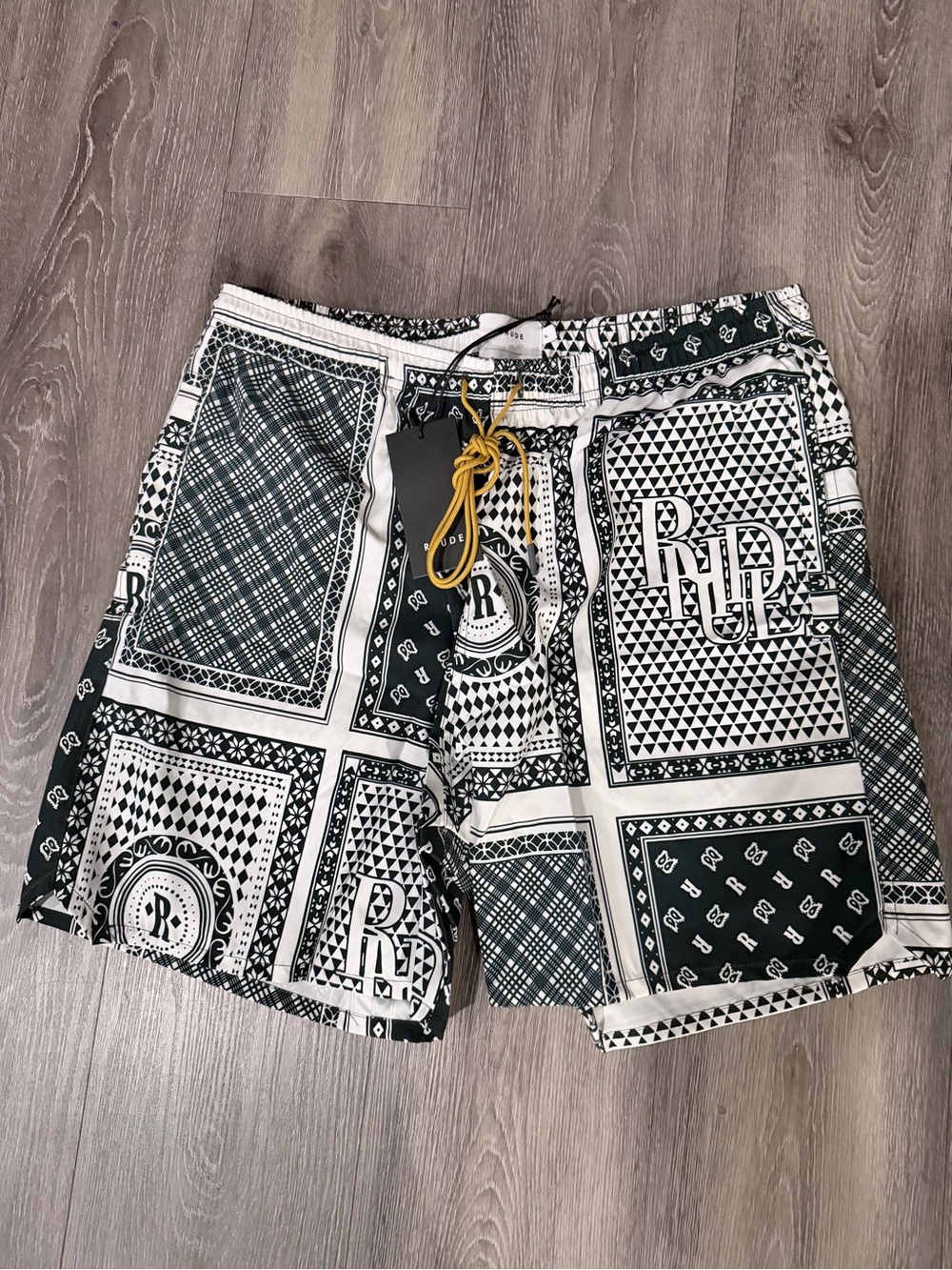 Rhude Black and White Bandana Patchwork Swim Trunks